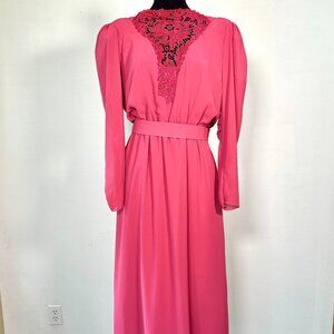 Vintage 70s Prom Dress Geek Berry Pink Chiffon Lace Party Puff Slv Belt Maxi M